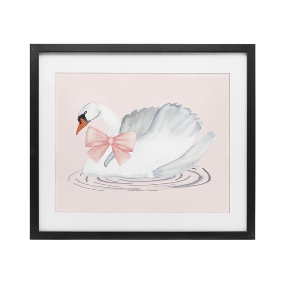 Stupell Industries White Swan with Pink Ribbon Black Framed Print Under Glass, design by Nina Jacobs, 13 x 16