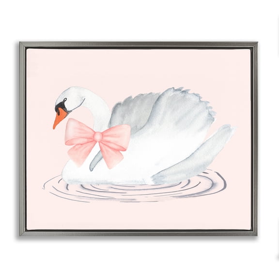 Stupell Industries White Swan with Pink Ribbon Gray Framed Floater Canvas Wall Art, design by Nina Jacobs, 25 x 31