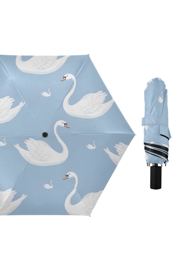 White Swans All Weather Umbrella Triple Folding Parasol 6 Ribs UV Protection Portable