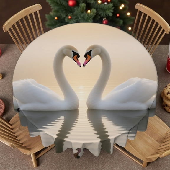 White Swans Couples Family Round Tablecloth, Festive Table Setting - Kitchen Accessories tablecloths for round tables, Cafe, dinner, brunch, buffet, picnic