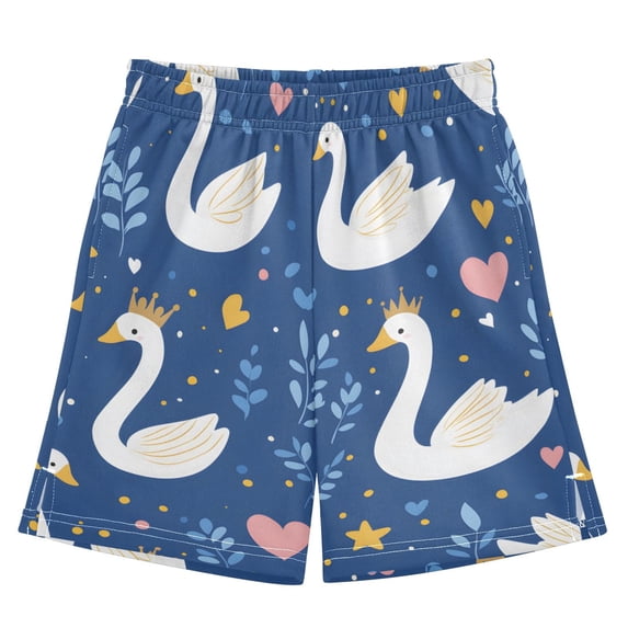 White Swans Crowns Pattern Athletic Shorts Breathable with Comfort Fit Drawstring Casual Sweatshorts Small