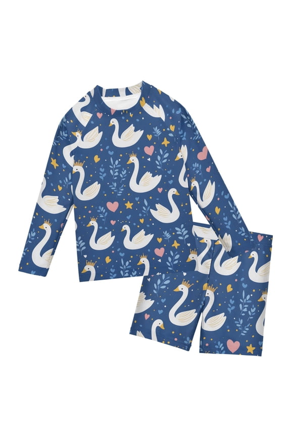 White Swans Crowns Pattern Boys' Bathing Suit UPF 50+ Boys' Rash Guard Sets Stretchy Quick Dry 3T-10T