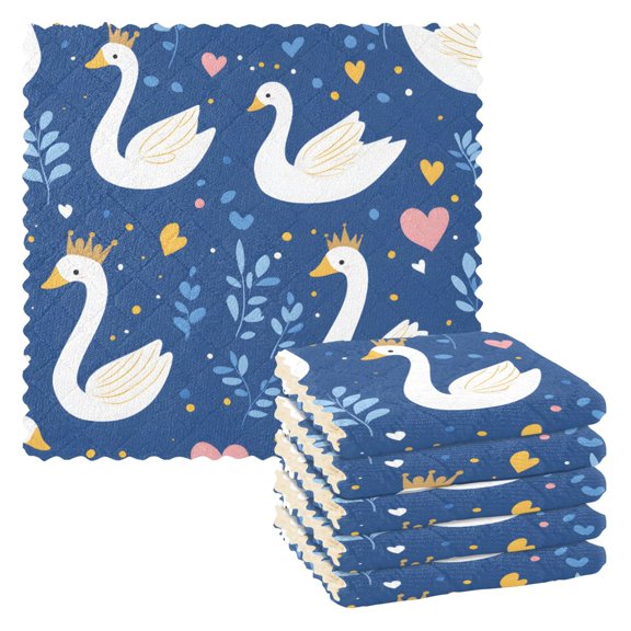 White Swans Crowns Pattern Dish Towels 6 Pack Kitchen Cleaning Dish Cloths Absorbent Reuseable Cleaning Cloths 11'' x 11''
