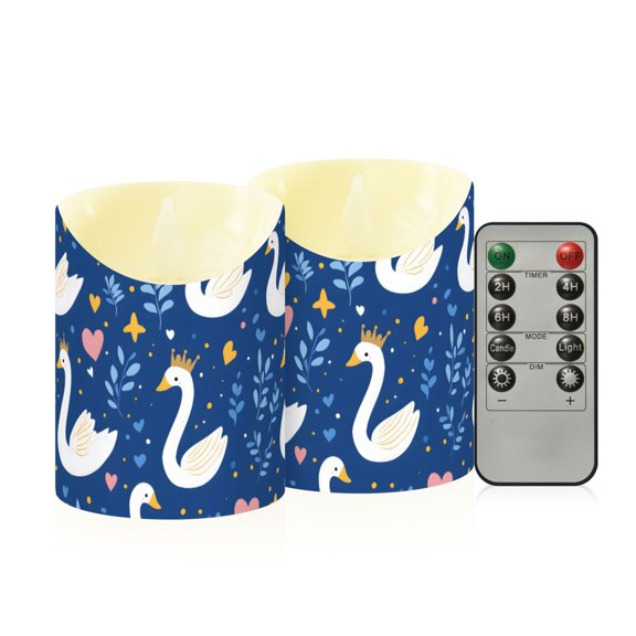 White Swans Crowns Pattern Flameless Candles 2 PCS with Remote Realistic Moving Flame LED Tapered Pillar Set for Home Decor