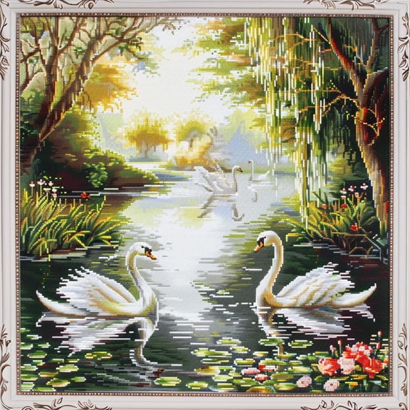 White Swans in River Landscape DIY 11CT Stamped Cross Stitch Kits for Beginners Easy Needlepoint Embroidery Counted Cross Stitch Art Craft for Wall Decoration 14x14inch(3)