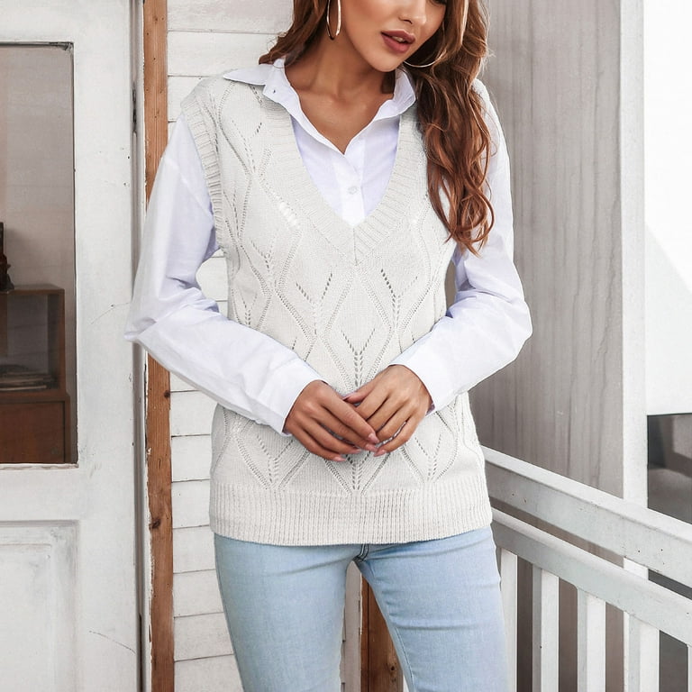 MPWEGNP White Sweater Vest Womens Knit Long Sleeves Crop Loose Knitted  Pullover Winter Sweaters for Women Fall