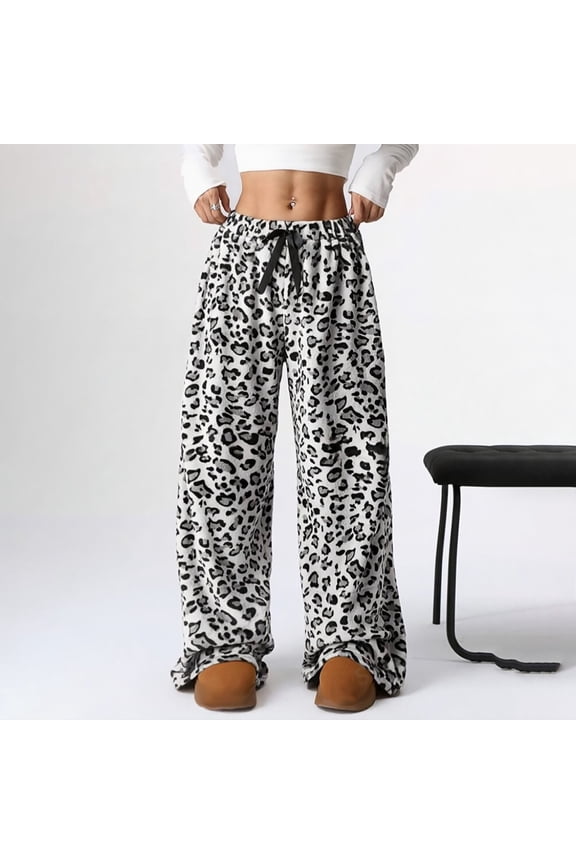 White Sweatpants Women Leopard Print Pants High Waisted Baggy Trousers Fuzzy Pajama Sleepwear Fashion Clothing