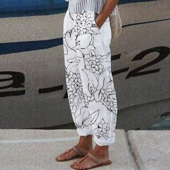 White Sweatpants Women Pants with Pockets Casual High Waist Print Cotton Loose Long Straight Pants