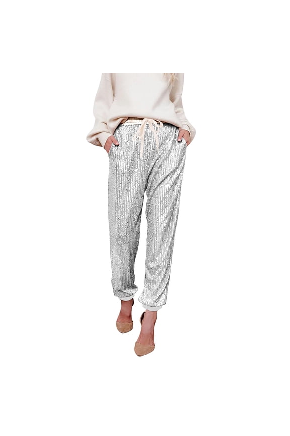 White Sweatpants Women's Glitter Sequin Trousers High Waist Stretchy Club Shiny Trousers Elegant Jogging Trousers with Drawstring