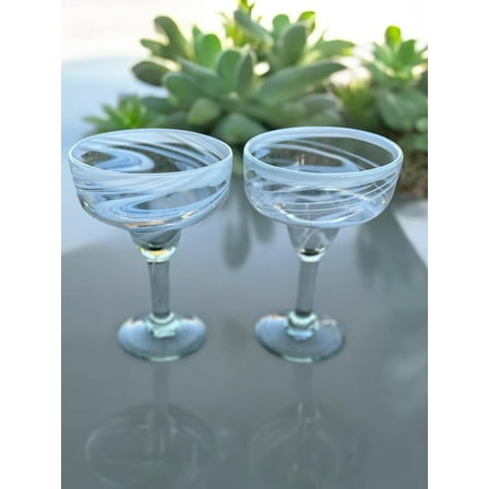 White Swirl Margarita Glasses; Hand-Blown Mexican Glassware; 7” Tall, 5” Wide; Dishwasher Safe (2 Glasses)