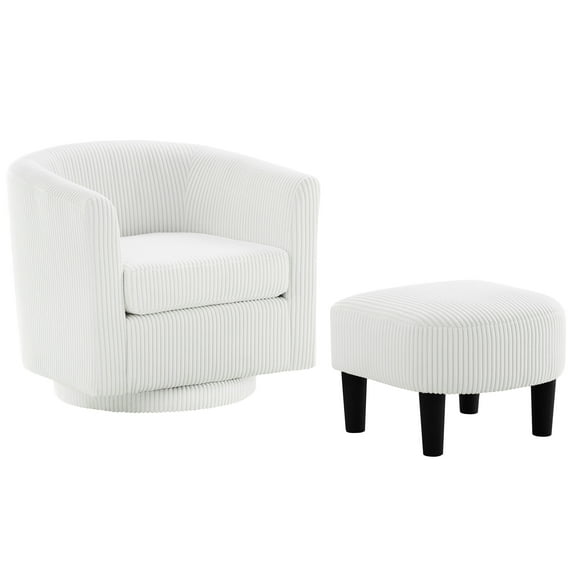 White Swivel Armchair With , Delicate Corduroy, Cushion, Stable Design Accent Chair Corduroy Upholstery, Soft Sponge, Build For Living Room