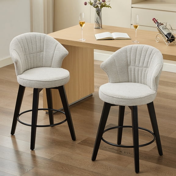 White Swivel Bar Stools Set | 360° Silent Swivel for Home Dining, Adapt to Surfaces | Chenille Upholstery & Premium Wood, Soft and Durable | Overcome Wobbly and Cleaning Challenges