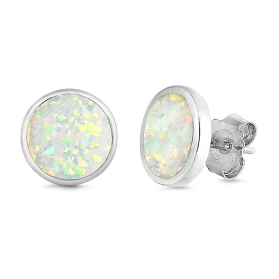 White Synthetic Opal Circle Disc Huggie Earring Sterling Silver