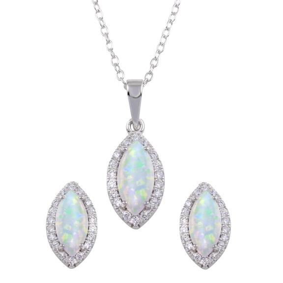 White Synthetic Opal Clear CZ Marquise Matching Set Sterling Silver
