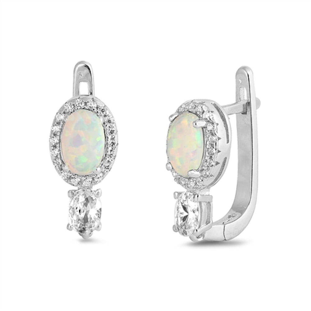 White Synthetic Opal Clear CZ Oval Latch Back Earring Sterling Silver