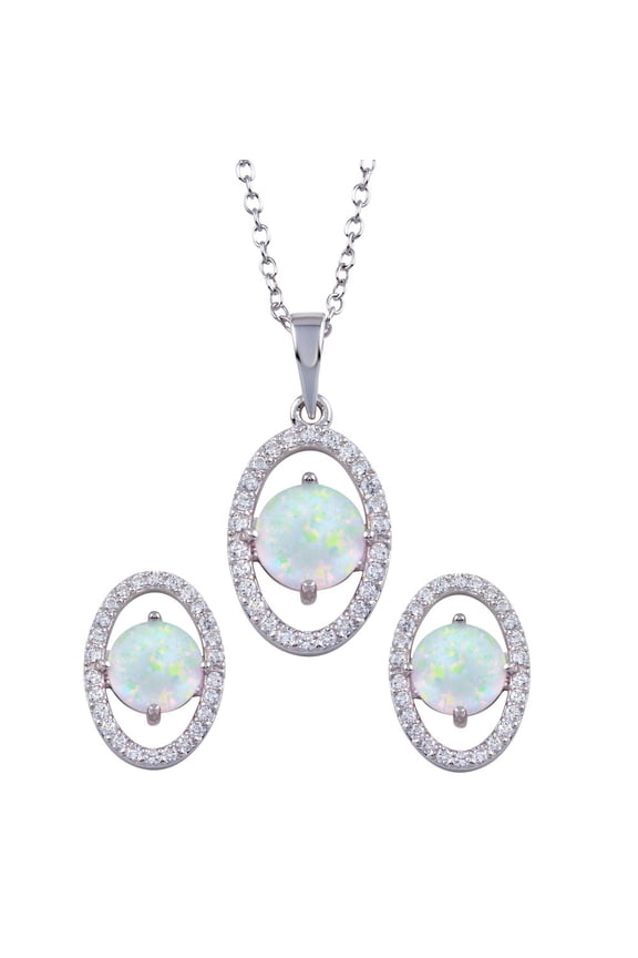 White Synthetic Opal Clear CZ Oval Matching Set Sterling Silver
