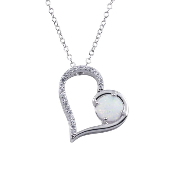 White Synthetic Opal Clear Cubic Zirconia Round Open Heart Pendant Necklace