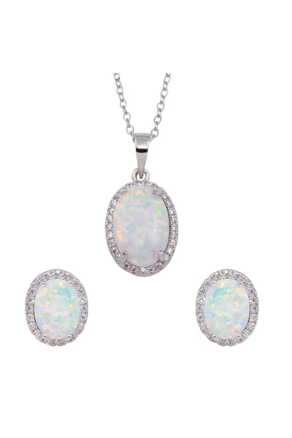 White Synthetic Opal Cubic Zirconia Oval Necklace and Earrings Set Sterling Silver