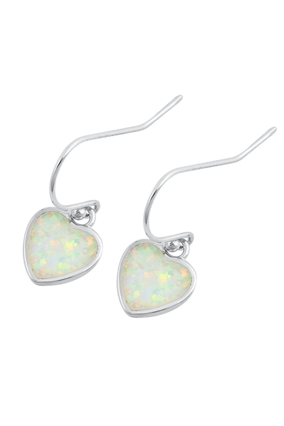 White Synthetic Opal Heart Fishhook Earring Sterling Silver