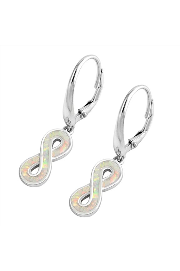 White Synthetic Opal Infinity Lever Back Earring Sterling Silver
