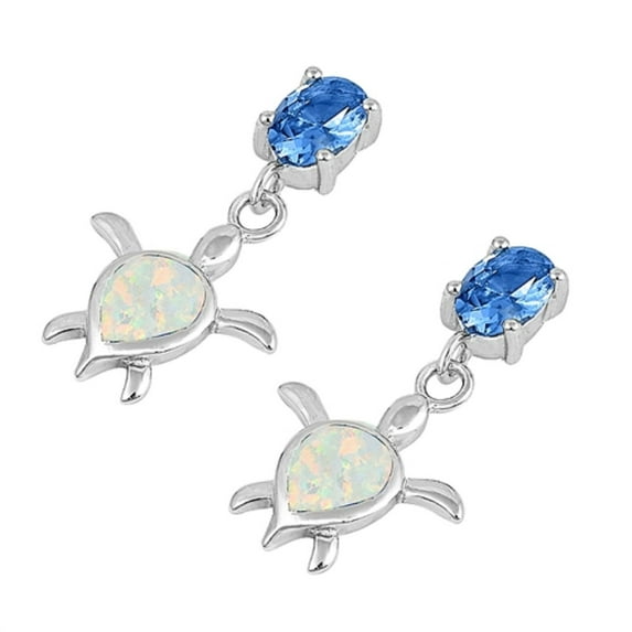 White Synthetic Opal Oval Blue CZ Dangle Turtle Earring Sterling Silver