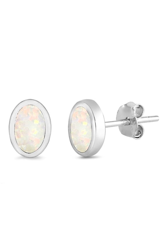 White Synthetic Opal Oval Shape Stud Earring Sterling Silver
