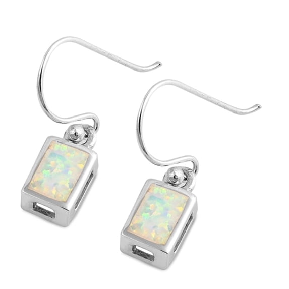 White Synthetic Opal Rectangular Fishhook Earring Sterling Silver