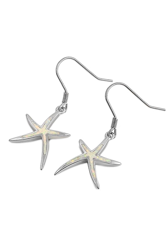 White Synthetic Opal Starfish Fishhook Earring Sterling Silver