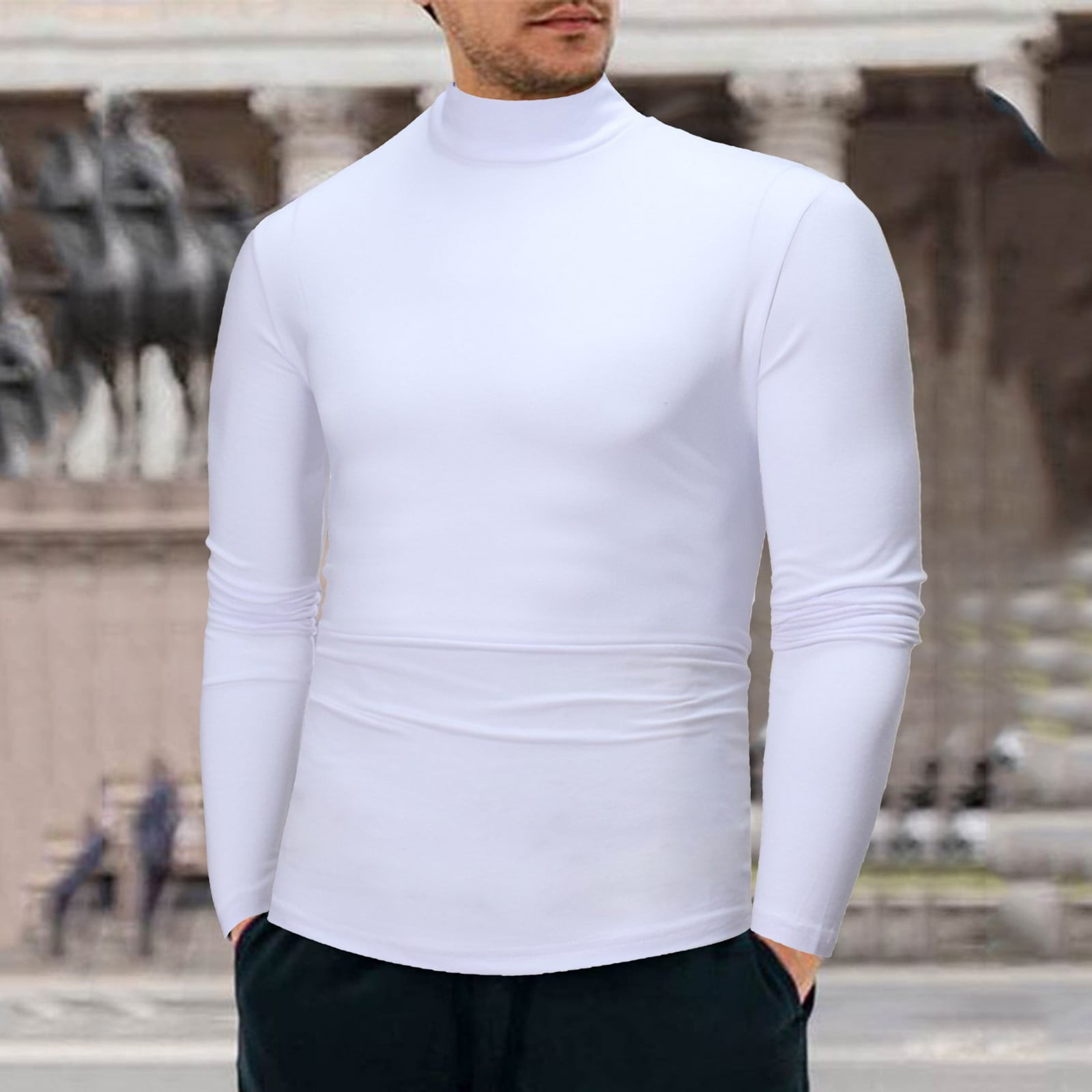 White T Shirt Dress Male Winter Warm Low Collar Fashion Thermal Underwear  Men Basic Plain T Shirt Blouse Pullover Long Sleeve Top