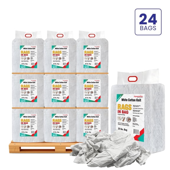 SupremePlus Knit T Shirt Rags for Cleaning 600 lbs Pallet-24x25 lbs Bag of Rags Reusable Cotton Dust Cloths Value Pack, White, 5400 Count, 24 Pack