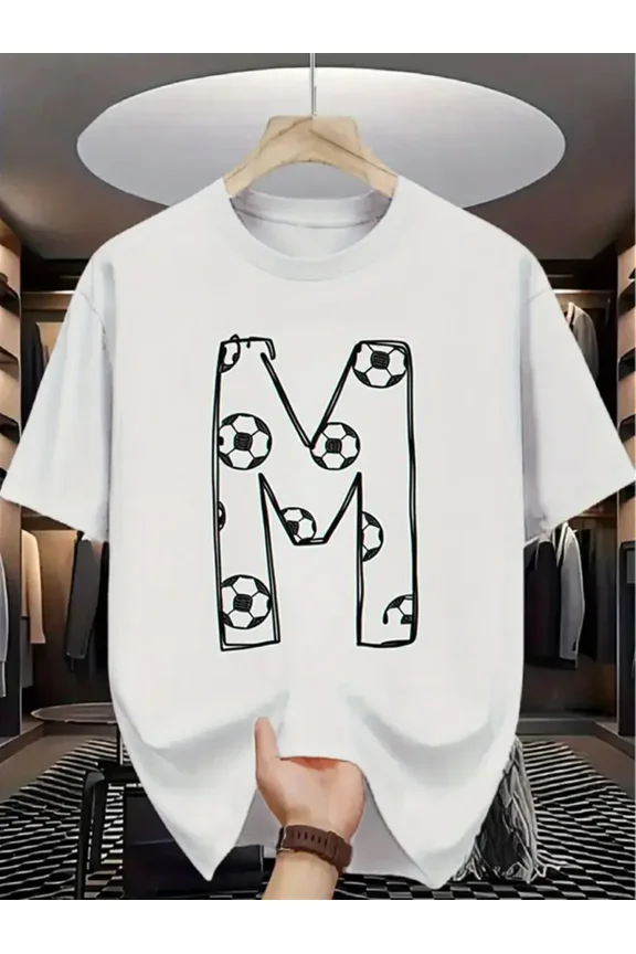 White T-Shirt with Soccer Pattern Letter M Design | Casual Daily Wear, Short Sleeve, All-Season, Pure, Crew Neck, Regular Fit, Medium Stretch, Fashion Trend Apparel for Men and