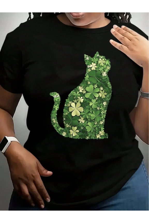 White T Shirt With Green Cat Clover Pattern For St Patrick's Day Celebration