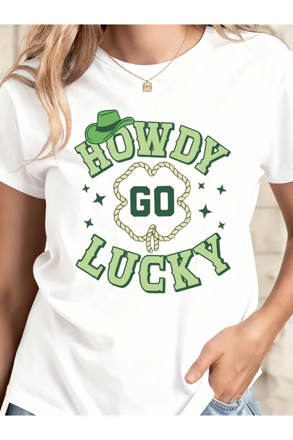 White T Shirt With Howdy Go Lucky Text And Shamrock Rope Design For St Patrick's Day Celebration
