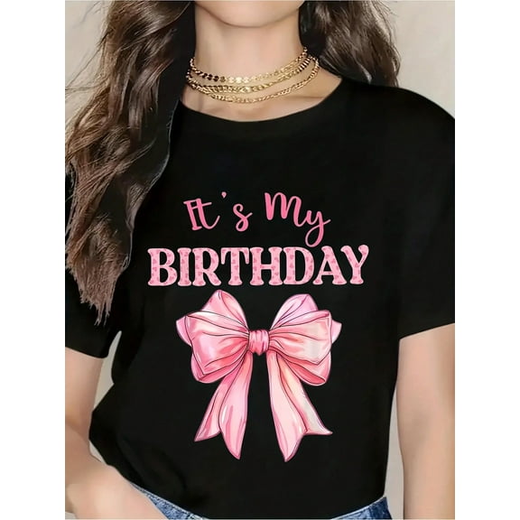 White T-Shirt With Pink It's My Birthday Text And Bow Print - Perfect For Birthday Celebrations