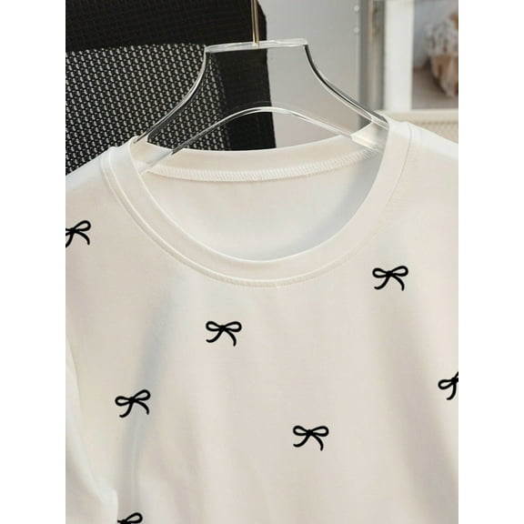 White T Shirt with Black Bow Embroidery