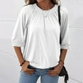 thumbnail image 1 of White T Shirts For Women's Fashion Solid Round Neck T Shirt Blouse 3/4 Sleeve Loose Pleated Tops, 1 of 9