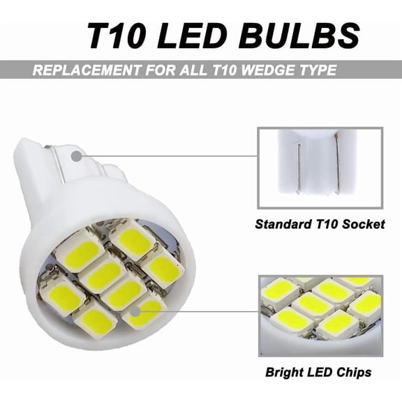 White T10 194 168 LED Instrument Panel Gauge Cluster Dashboard Lights Bulbs with Twist Lock Socket, Super Bright 12V 8-3528-SMD LED Chipset, 10Pcs/Set