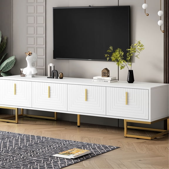 White TV Cabinet with 2 Cable Holes / Connect Devices Easily, Hide Wires for Clean Look