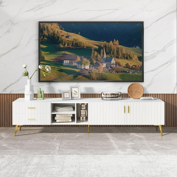 White TV Console for 77" TVs, TUANLUO TV Stand, Modern TV Stand with 2 Drawers, 3 Cabinets, and 3 Open Shelves, Entertainment Center for Living Room Bedroom, 70.9"L x 13.8"W x 16.1"H