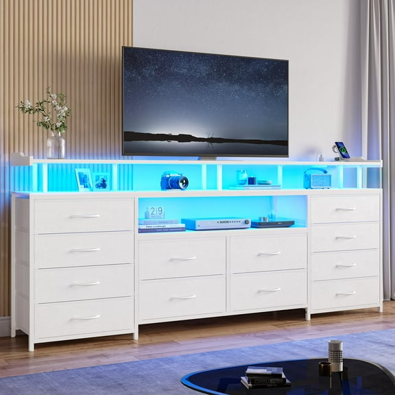 White TV Console for Bedroom,TV Stand Dresser with 12 Drawers,Entertainment Center with LED Lights & Power Outlets, 63" Large LED TV Stand for 65 inch TV
