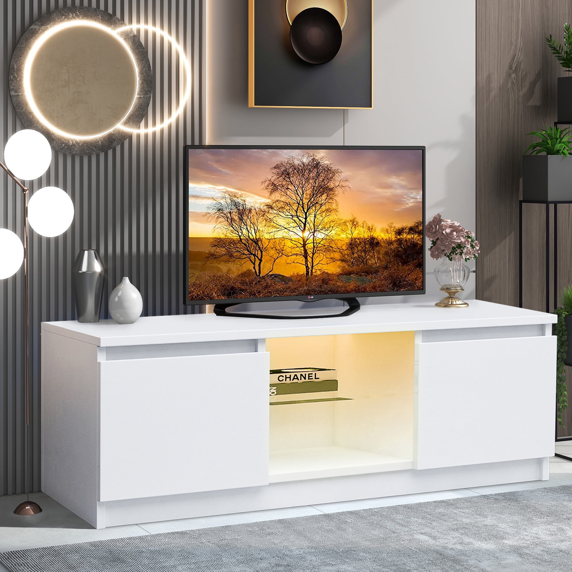 White TV Console Table BTMWAY High Gloss Entertainment Center TV