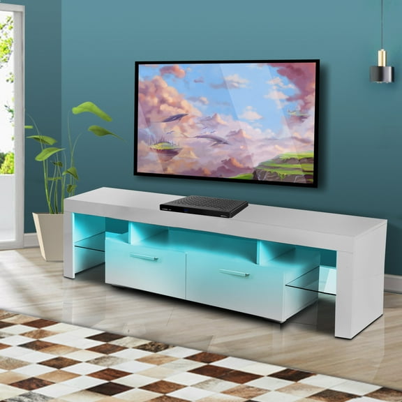 White TV Stand with 16 Colors LED Lights, SYNGAR TV Cabinet Console Table for TVs up to 70 inch, Modern High Gloss Media Console Center for Living Room with 2 Storage Drawers and Open Shelves, D3600