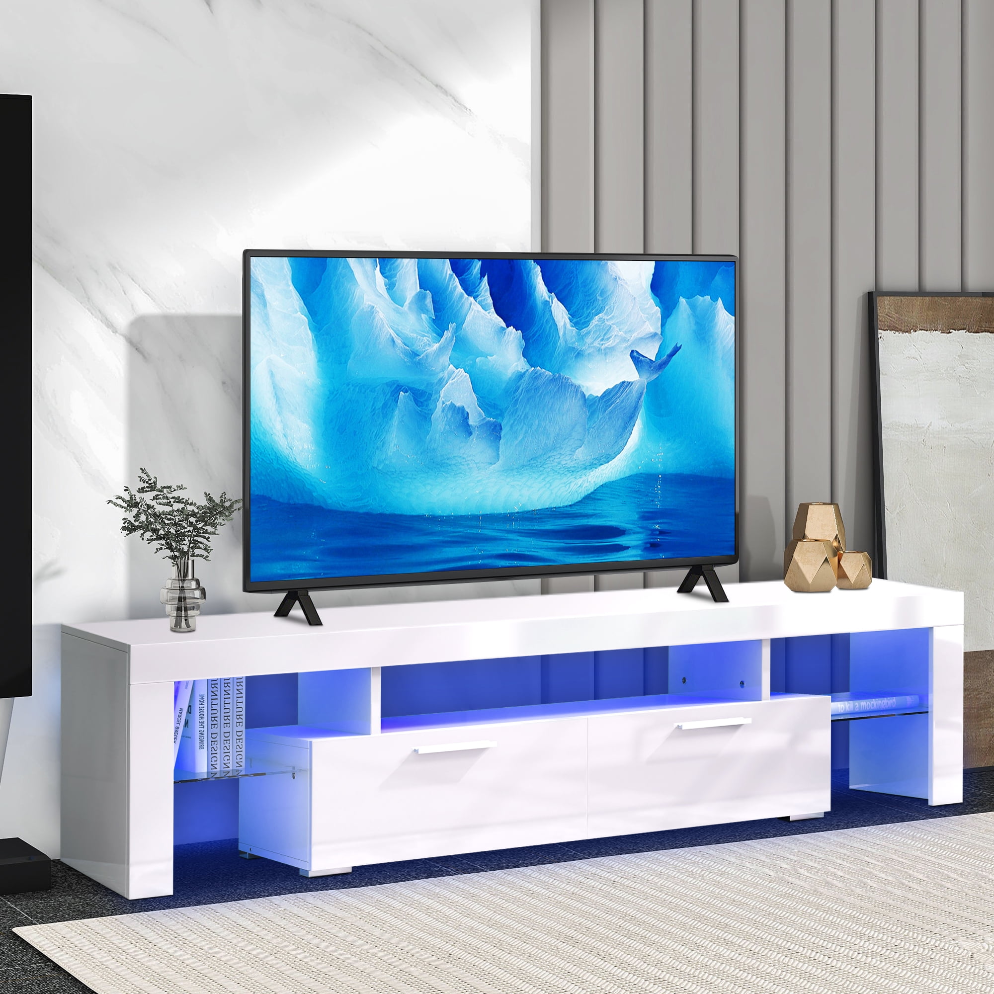 White TV Stand with 16 Colors LED Remote Control Lights TV