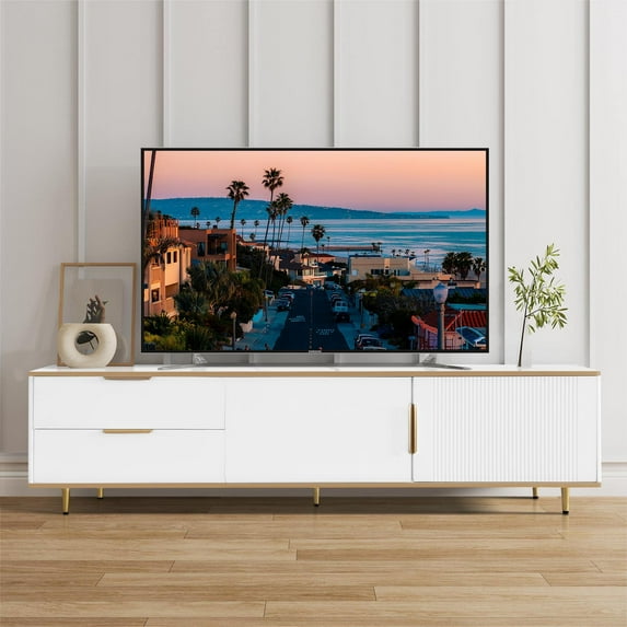 White TV Stand with 4 Doors, Atumon TV Console, Entertainment Center for TVs up to 75", Modern TV Cabinet, Television Stand with Metal Legs, TV Stand Furniture Living Room Bedroom