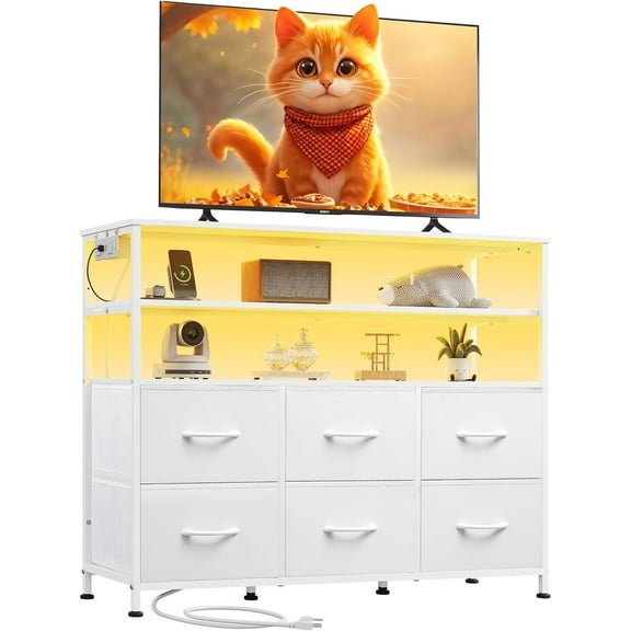 White TV Stand for 40, 45 inch TV, Entertainment Center with LED Lights & Charging Station, TV Media Console Table with 6 Fabric Drawers and Open Shelves for Living Room, Hallway, Wood Top