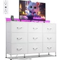 thumbnail image 1 of White TV Stand for 45, 50, 55 inch TV, Entertainment Center with LED Lights & Charging Station, TV Media Console Table with 9 Fabric Drawers and Open Shelves for Living Room, Hallway, Wood Top, 1 of 16