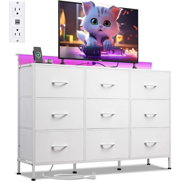 White TV Stand for 45, 50, 55 inch TV, Entertainment Center with LED Lights & Charging Station, TV Media Console Table with 9 Fabric Drawers and Open Shelves for Living Room, Hallway, Wood Top