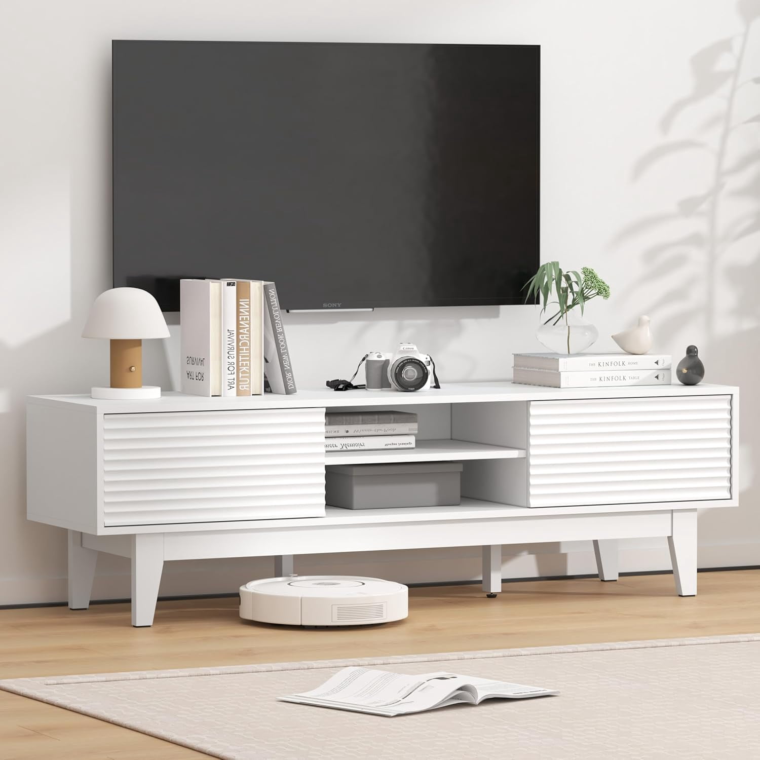 White TV Stand for 55-70 inch, Entertainment Center with Fluted Design ...