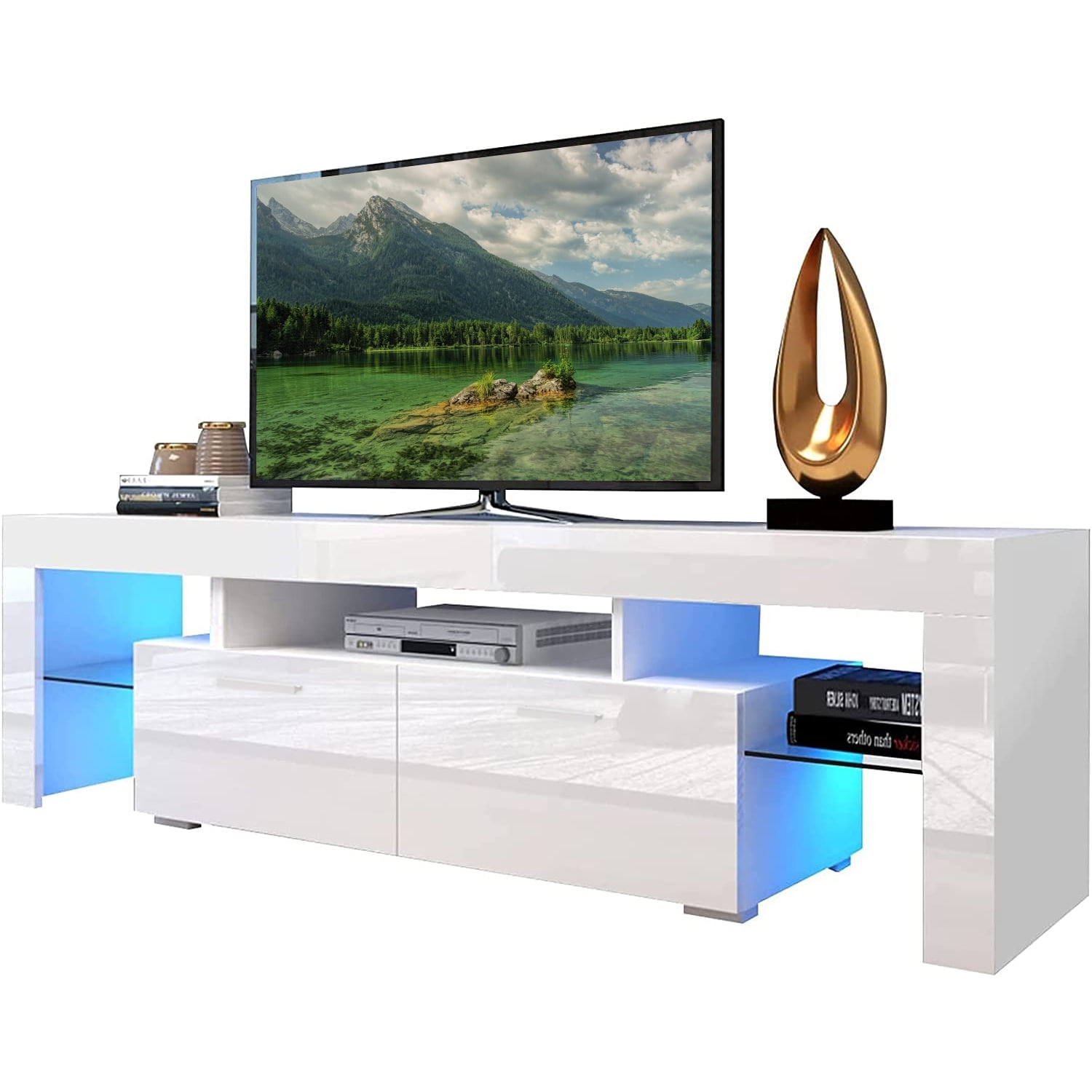"Z1154 White High Glossy 70 Inch TV Stand with 16 LED Light, Media