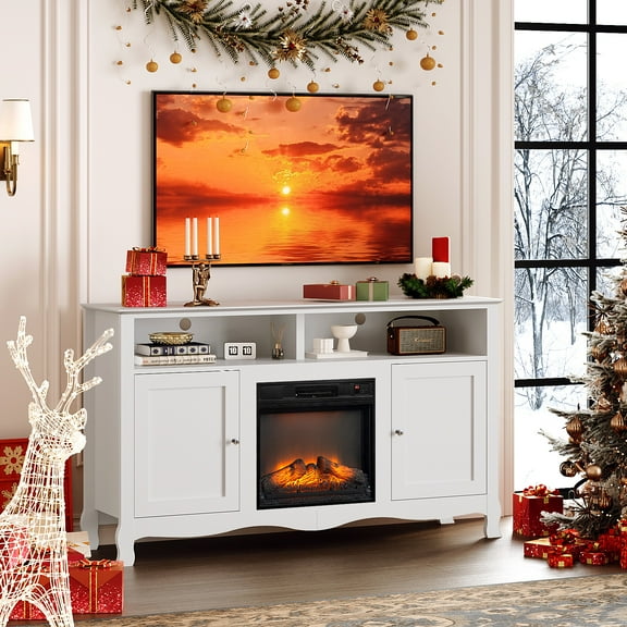 SYNGAR 58" Fireplace TV Stand with Electric Fireplace with 6 Flame Colors, Entertainment Center with Open Shelves Storage, Modern Television Table Center for Living Room, White